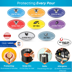 Set of eight color-coded silicone labels for different milk types, designed to enhance allergen safety in cafes and kitchens.