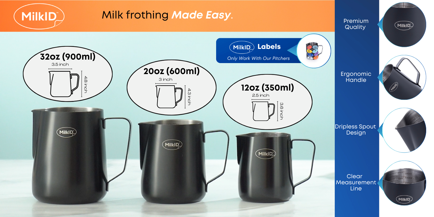 Three sizes of black stainless steel pitchers (32oz, 20oz, 12oz) with ergonomic handles, dripless spouts, and matching milk type labels.