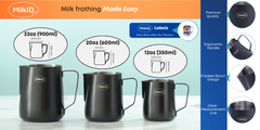 Three sizes of black stainless steel pitchers (32oz, 20oz, 12oz) with ergonomic handles, dripless spouts, and matching milk type labels.