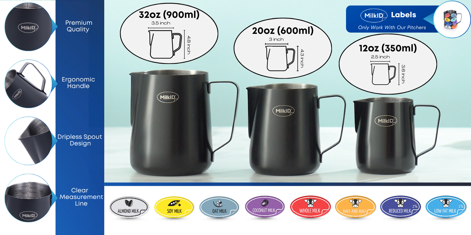 Three sizes of black stainless steel pitchers (32oz, 20oz, 12oz) with ergonomic handles, dripless spouts, and matching milk type labels.