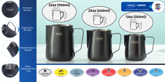 Three sizes of black stainless steel pitchers (32oz, 20oz, 12oz) with ergonomic handles, dripless spouts, and matching milk type labels.