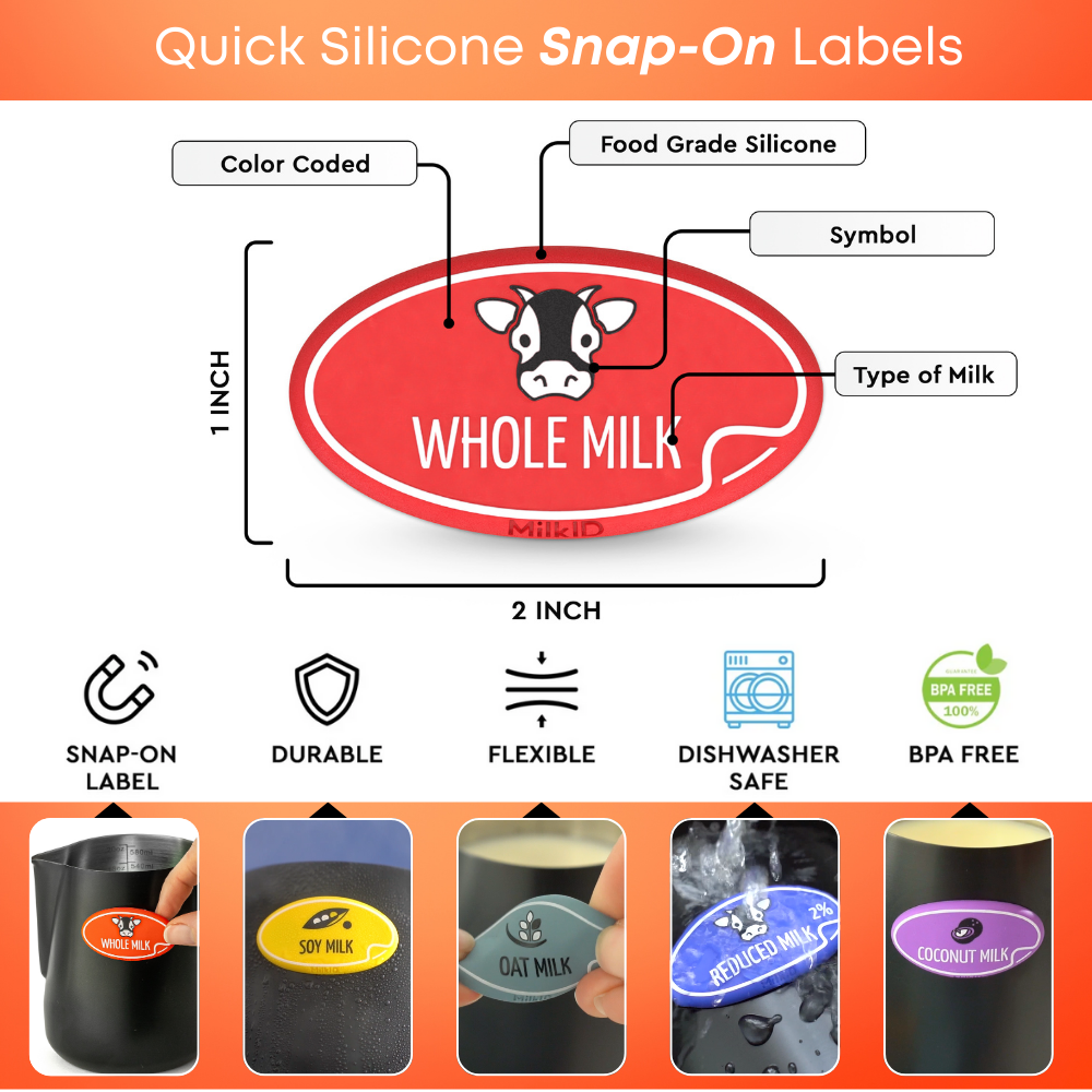 Detailed close-up of a red silicone snap-on label showcasing its food-grade material, color-coded design, and milk type symbol.