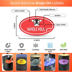 Detailed close-up of a red silicone snap-on label showcasing its food-grade material, color-coded design, and milk type symbol.