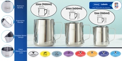 Three sizes of black stainless steel pitchers (32oz, 20oz, 12oz) with ergonomic handles, dripless spouts, and matching milk type labels.
