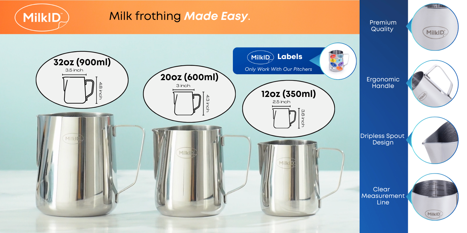 Three sizes of Silver stainless steel pitchers (32oz, 20oz, 12oz) with ergonomic handles, dripless spouts, and matching milk type labels.