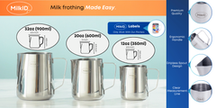 Three sizes of Silver stainless steel pitchers (32oz, 20oz, 12oz) with ergonomic handles, dripless spouts, and matching milk type labels.