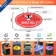 Detailed close-up of a red silicone snap-on label showcasing its food-grade material, color-coded design, and milk type symbol.