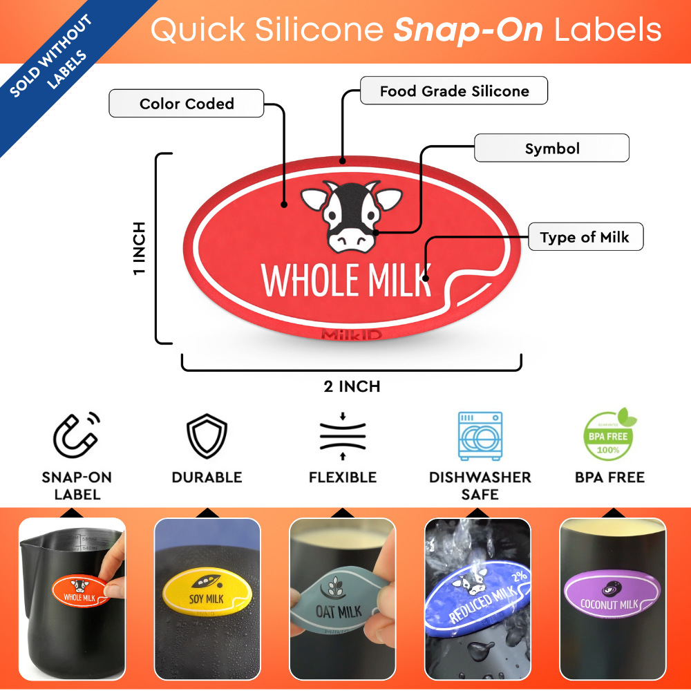 Detailed close-up of a red silicone snap-on label showcasing its food-grade material, color-coded design, and milk type symbol.