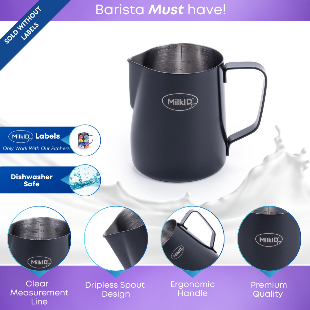 Black stainless steel pitcher featuring an ergonomic handle, dripless spout, and internal measurement lines, designed for precision pouring and easy cleaning.