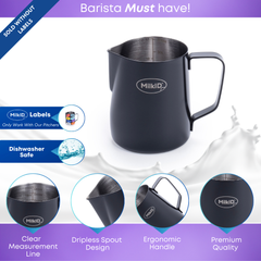 Black stainless steel pitcher 12oz (350ml) featuring ergonomic handle, dripless spout, and internal measurement lines, designed for precision pouring and easy cleaning.