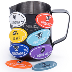 Compact 12oz (350ml) black pitcher with attached color-coded labels for quick milk identification in coffee shops and home kitchens.