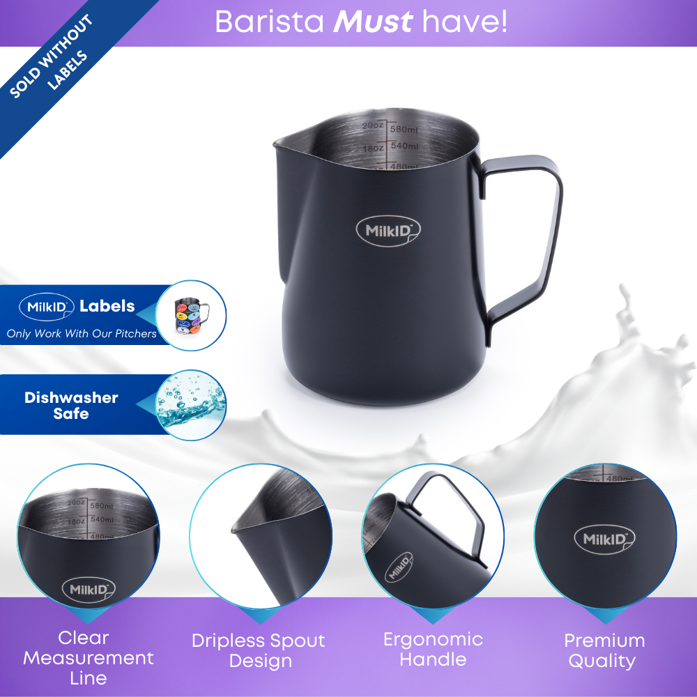 Black stainless steel pitcher 20oz (600ml) featuring ergonomic handle, dripless spout, and internal measurement lines, designed for precision pouring and easy cleaning.