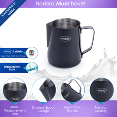 Black stainless steel pitcher 20oz (600ml) featuring ergonomic handle, dripless spout, and internal measurement lines, designed for precision pouring and easy cleaning.