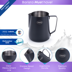 Black stainless steel pitcher 32oz (900ml) featuring ergonomic handle, dripless spout, and internal measurement lines, designed for precision pouring and easy cleaning