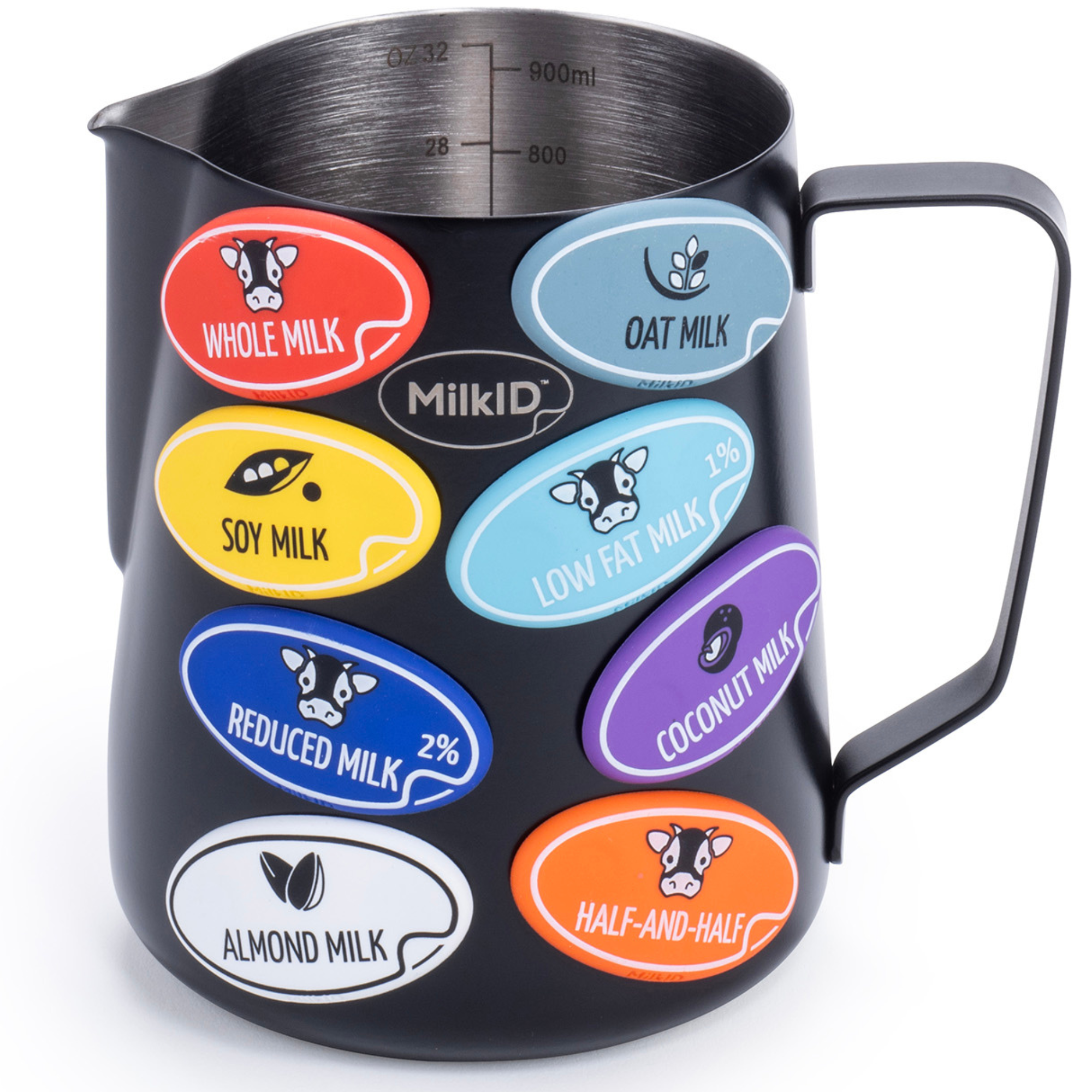 Compact 32oz (900ml) black pitcher with attached color-coded labels for quick milk identification in coffee shops and home kitchens.