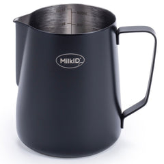 Black 32oz (900ml) Stainless Steel Milk Frothing Pitcher with Silicone Labels – Best for Large Orders
