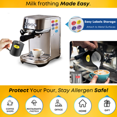 Coffee machine with a milk pitcher attached, showing the easy storage and application of snap-on labels for allergen-safe coffee service