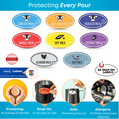 Set of eight color-coded silicone labels for different milk types, designed to enhance allergen safety in cafes and kitchens.