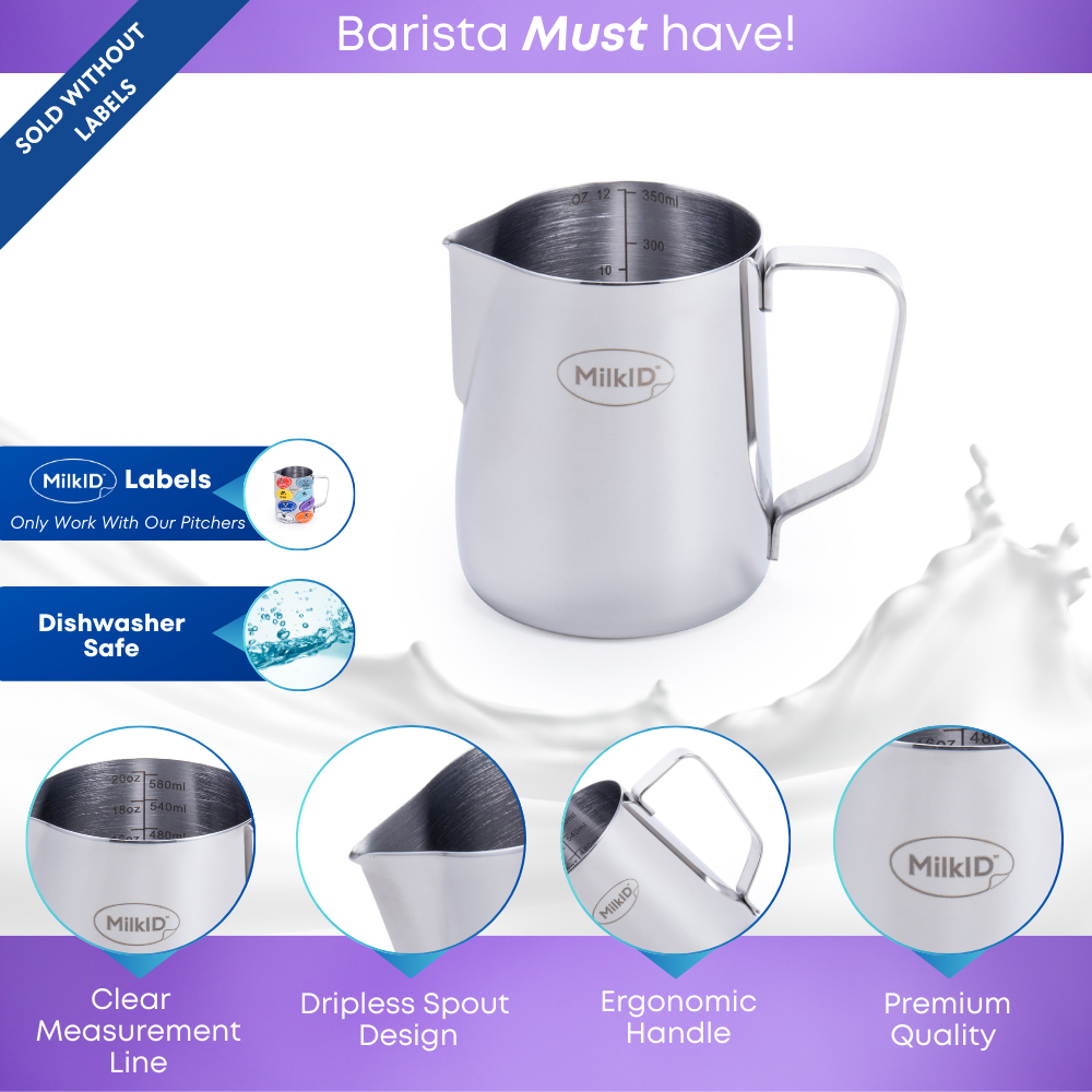 Silver stainless steel pitcher featuring an ergonomic handle, dripless spout, and internal measurement lines, designed for precision pouring and easy cleaning.