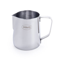 Silver 12oz (350ml) stainless steel milk frothing pitcher with ergonomic handle and precise measurement markings.
