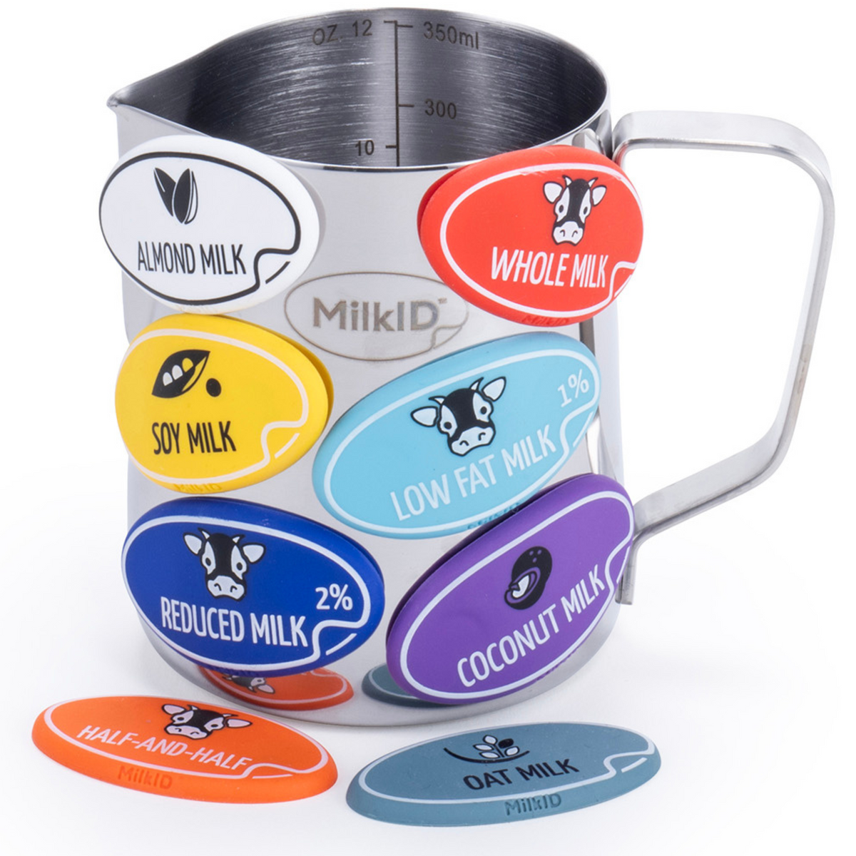 Compact 12oz (350ml) Silver pitcher with attached color-coded labels for quick milk identification in coffee shops and home kitchens.