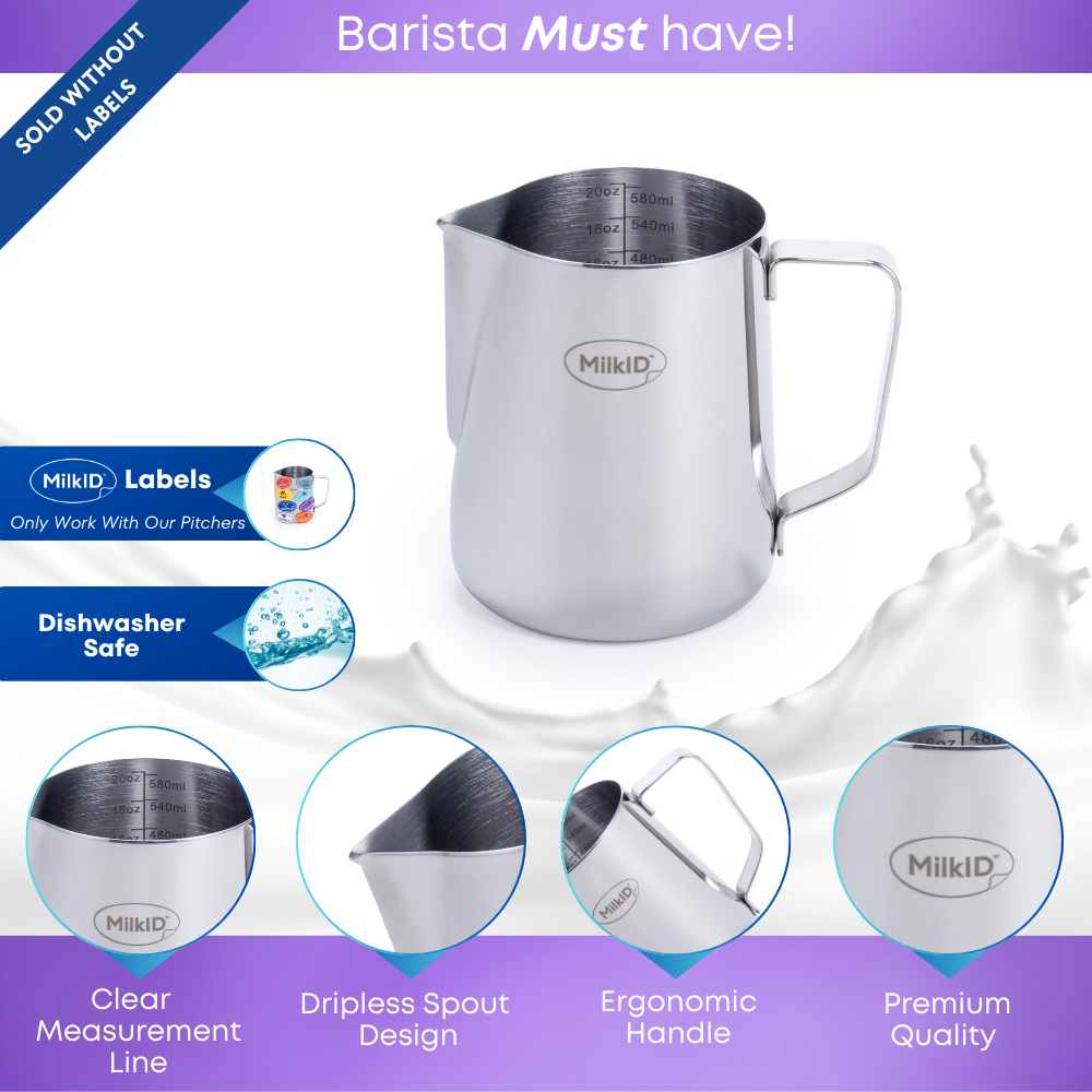 Silver stainless steel pitcher 20oz (600ml) featuring ergonomic handle, dripless spout, and internal measurement lines, designed for precision pouring and easy cleaning.