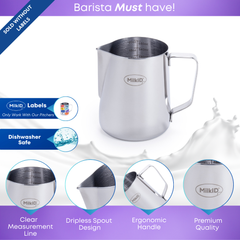 Silver stainless steel pitcher 20oz (600ml) featuring ergonomic handle, dripless spout, and internal measurement lines, designed for precision pouring and easy cleaning.