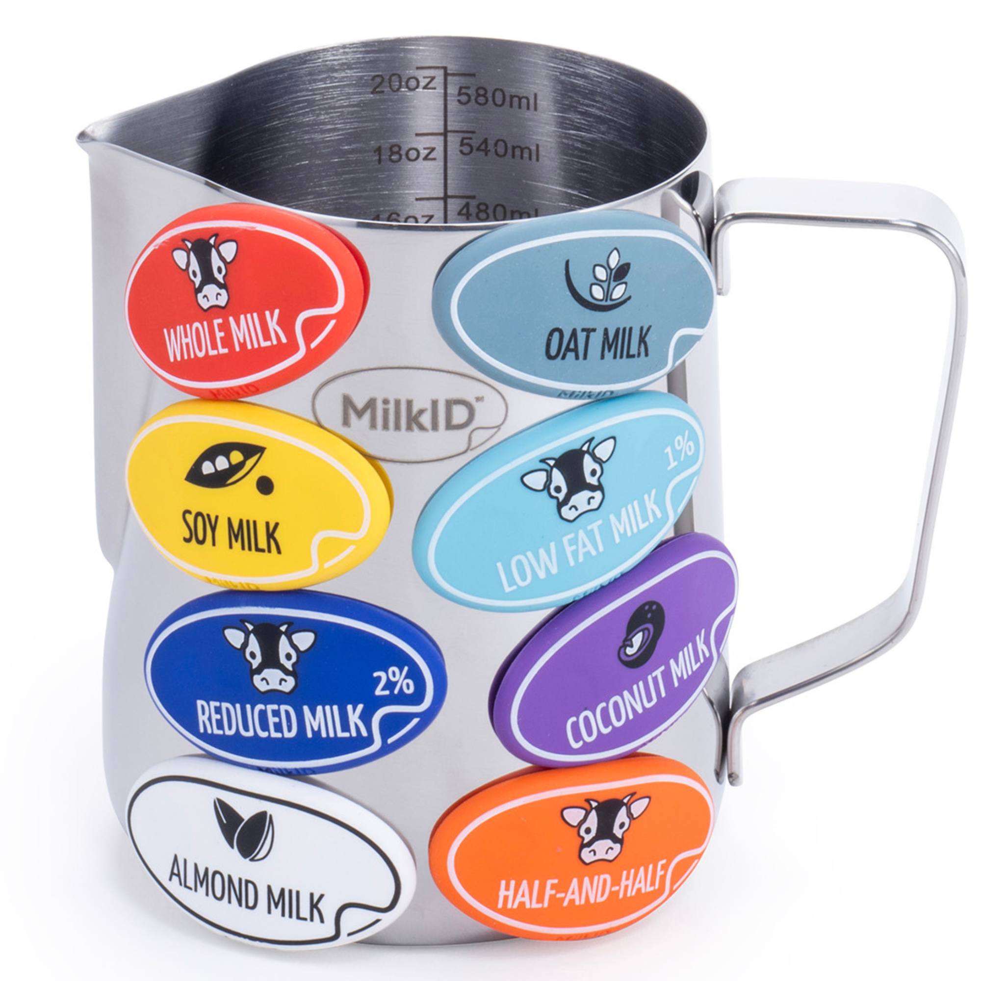 Compact 20oz (600ml) Silver pitcher with attached color-coded labels for quick milk identification in coffee shops and home kitchens.