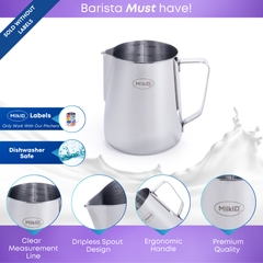 Silver stainless steel pitcher 32oz (900ml) featuring ergonomic handle, dripless spout, and internal measurement lines, designed for precision pouring and easy cleaning