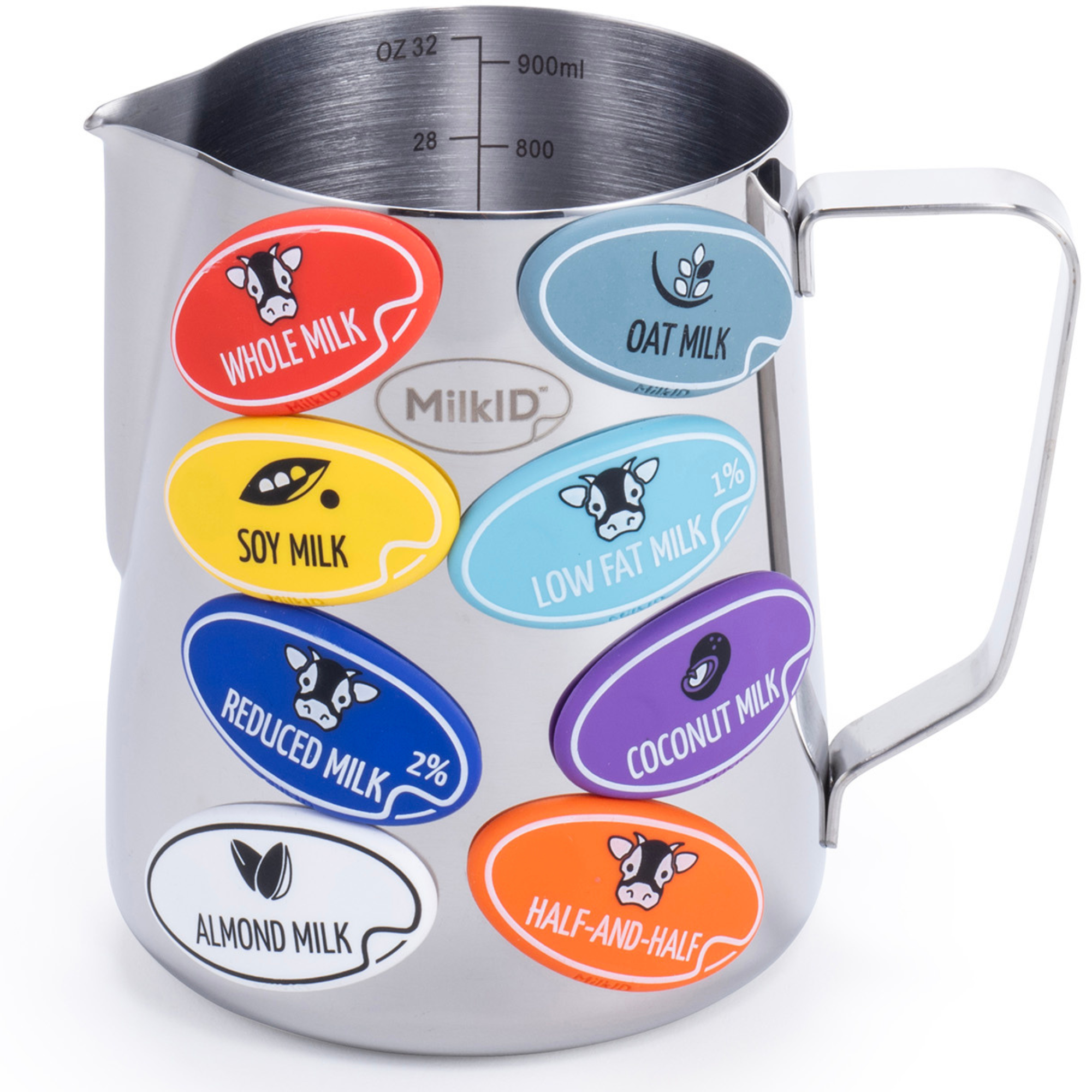 Compact 32oz (900ml) silver pitcher with attached color-coded labels for quick milk identification in coffee shops and home kitchens.